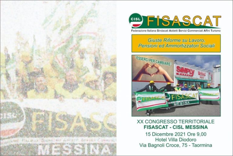 Mercoledì mattina all’Hotel Villa Diodoro di Taormina il XX Congresso territoriale della Fisascat Cisl Messina