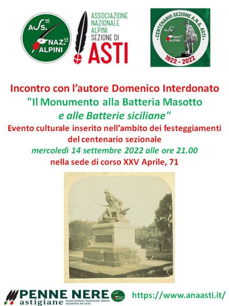 Incontro con l’autore nell’ambito del centenario della Sezione Alpini di Asti. “Il Monumento alla Batteria Masotto e alle Batterie siciliane”